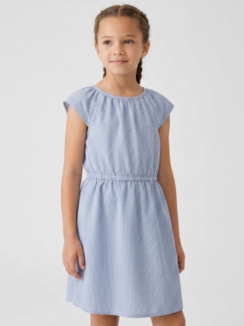 GAP Denim Girls Indigo Blue White Stripe Cap Sleeve Elastic Waist Dress Size 10-